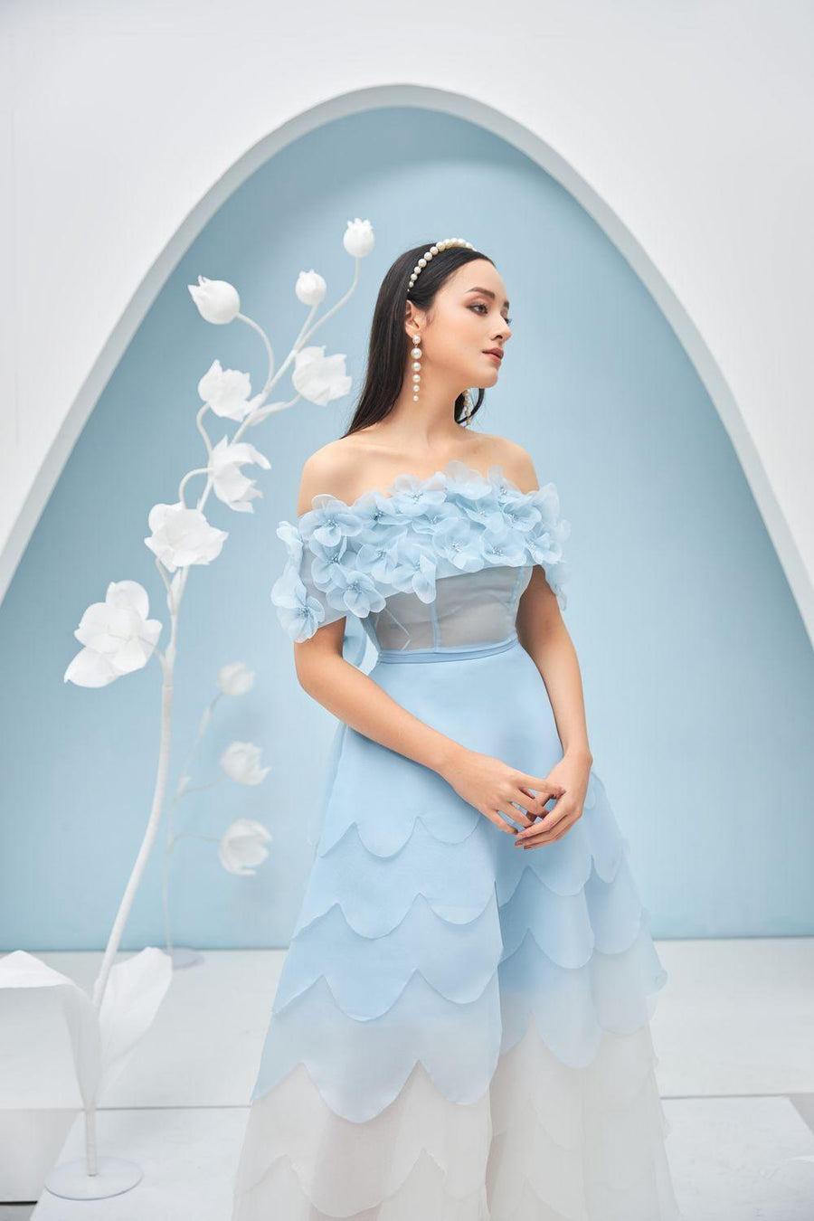 Maitreyi Fit and Flare Off-Shoulder Organza Maxi Dress 7