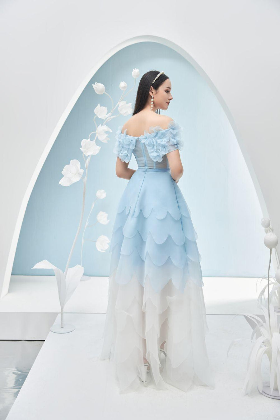 Maitreyi Fit and Flare Off-Shoulder Organza Maxi Dress 9