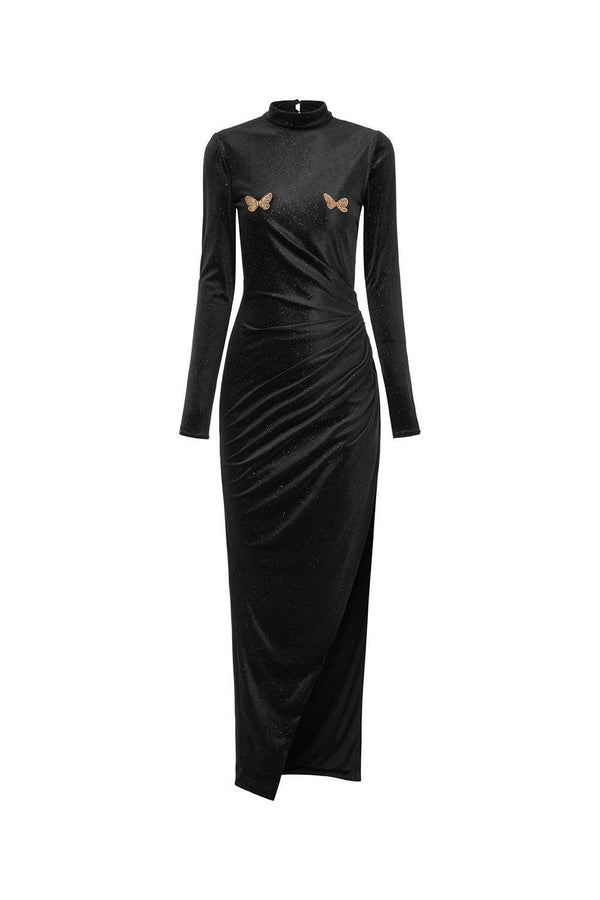 Maren Asymmetric Slit Hem Velvet Midi Dress