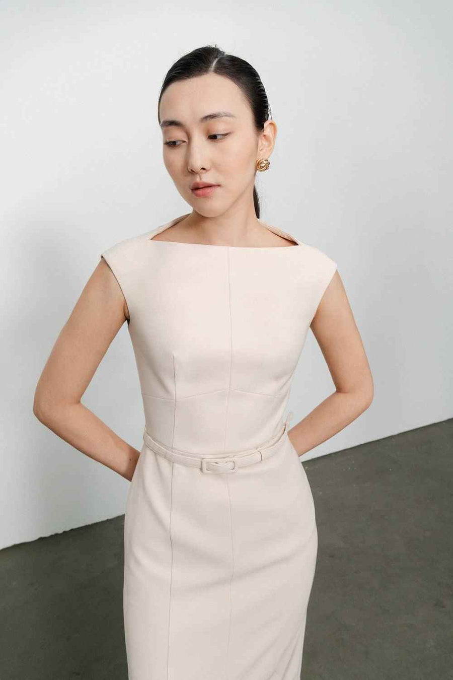 Margaret Sheath Boat Neck Polycotton Midi Dress
