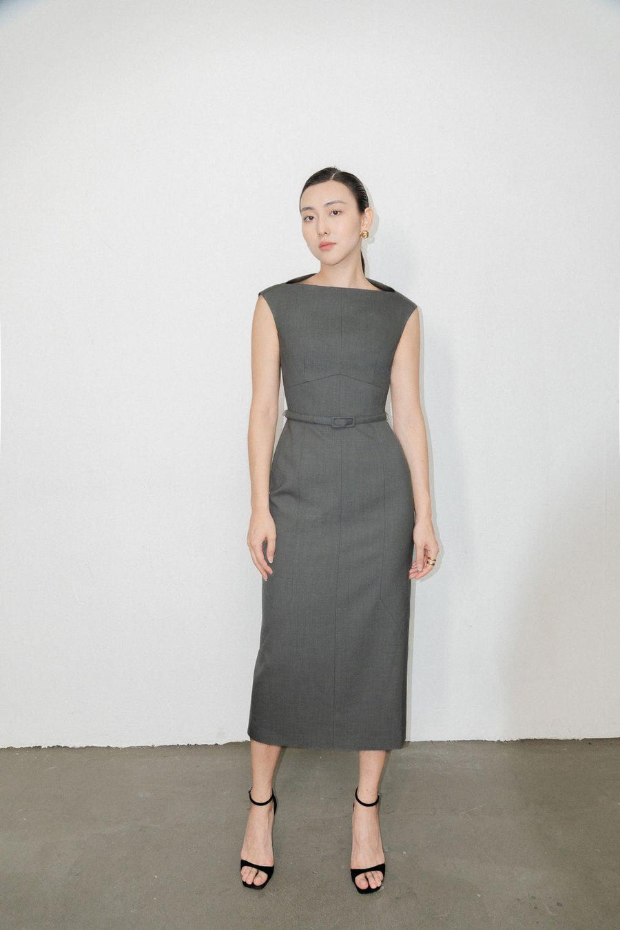 Margaret Sheath Boat Neck Polycotton Midi Dress 8