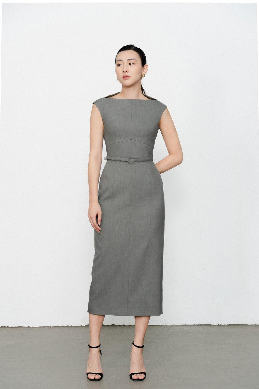 Margaret Sheath Boat Neck Polycotton Midi Dress 9