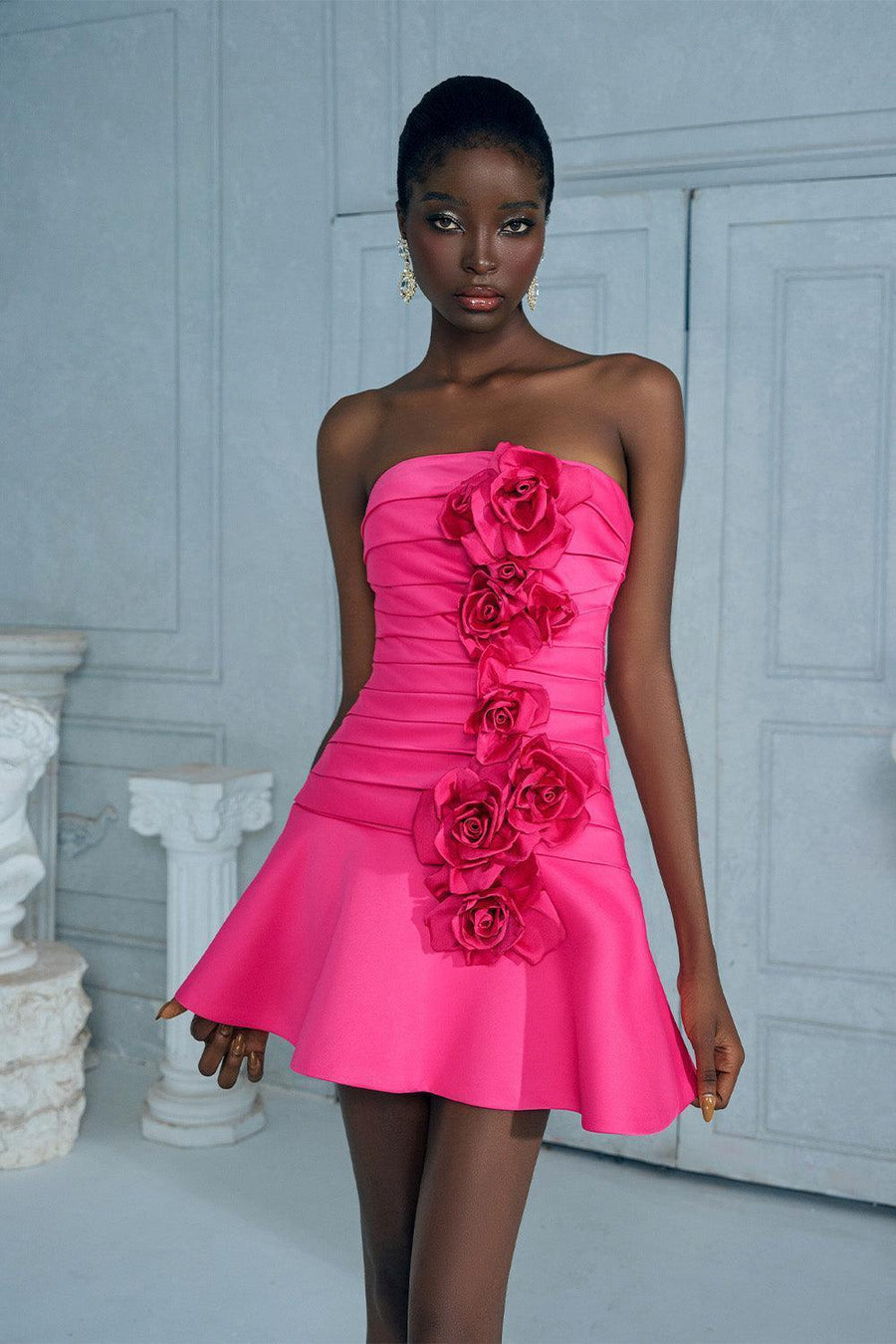 Mari Rose Drop Waist Gathered Silk Satin Mini Dress 3