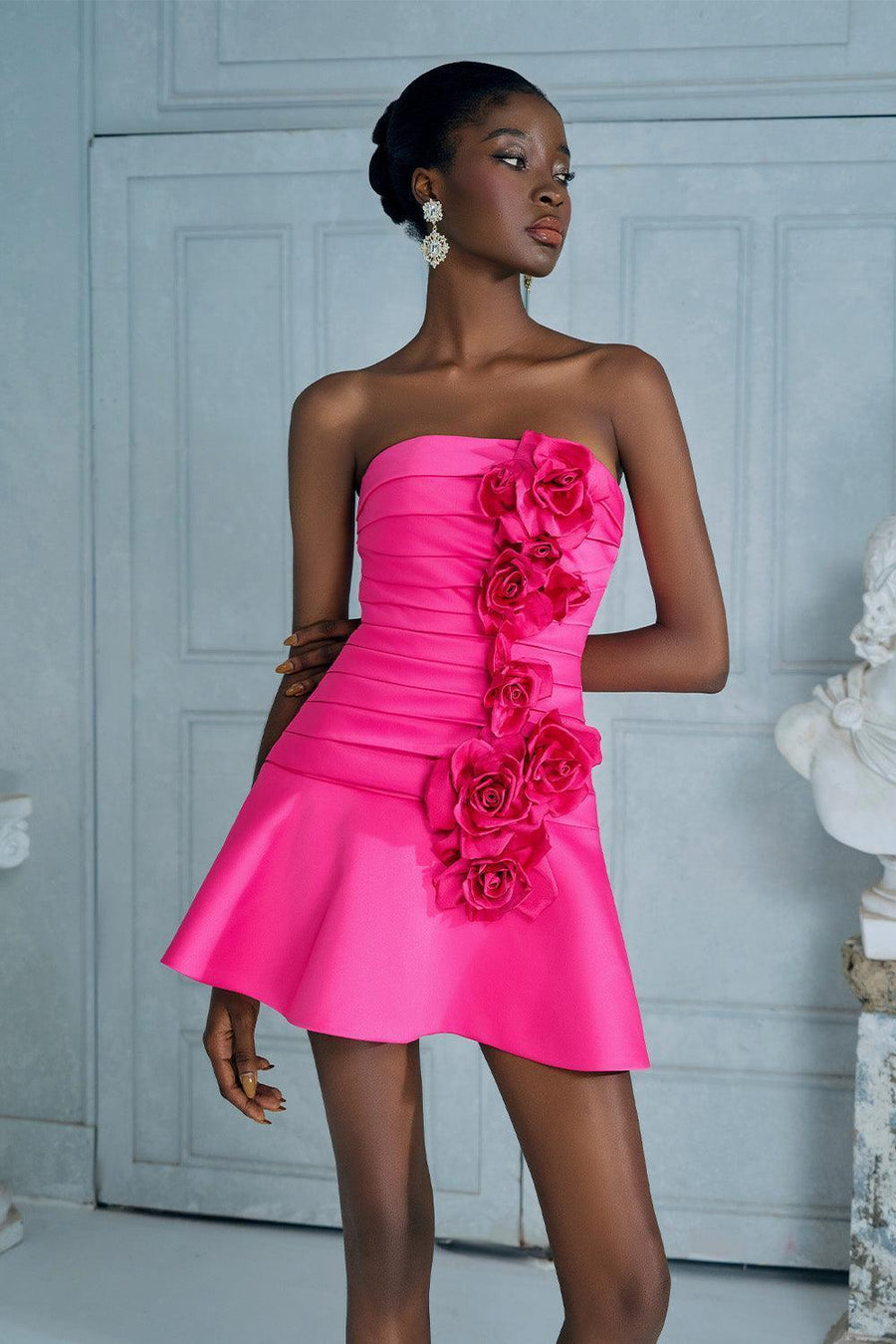 Mari Rose Drop Waist Gathered Silk Satin Mini Dress 4