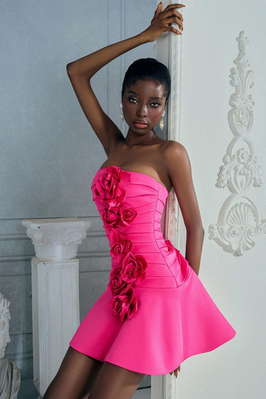 Mari Rose Drop Waist Gathered Silk Satin Mini Dress 5