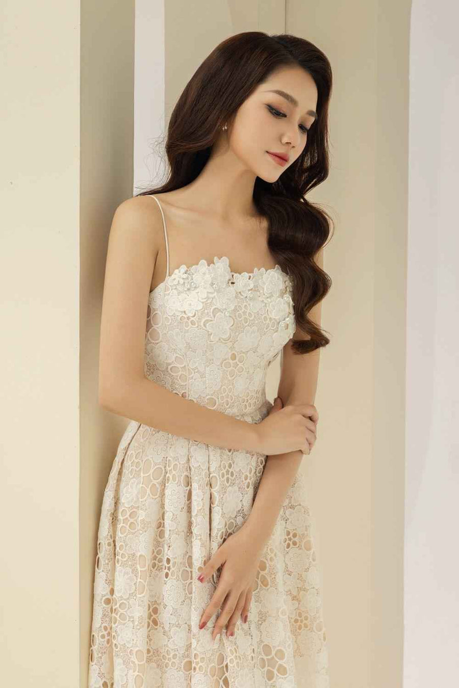 Maria A-line Sleeveless Lace Midi Dress