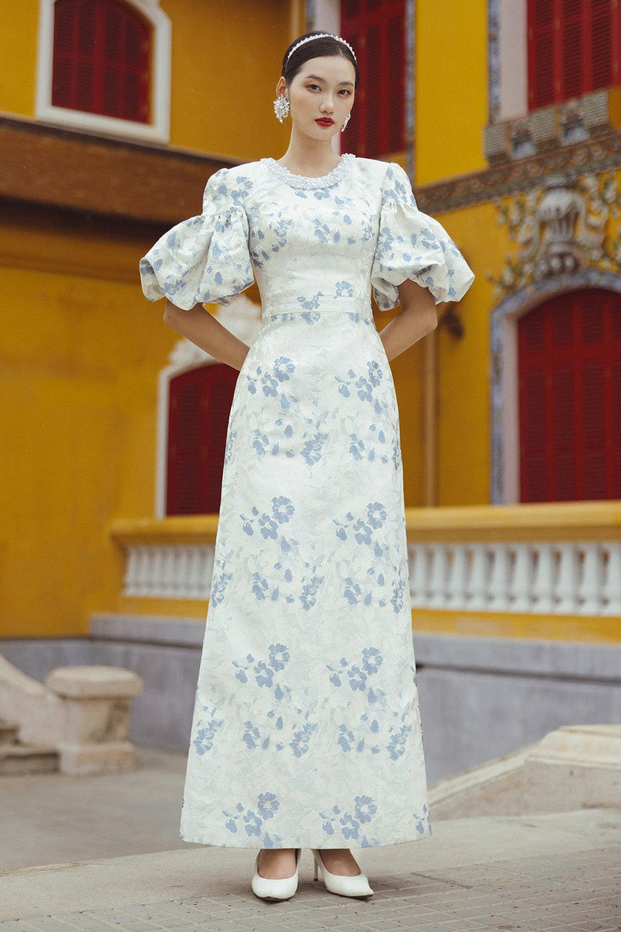 Marinette A-line Puffy Sleeved Brocade Floor Length Dress Gown Dress CHANCOS