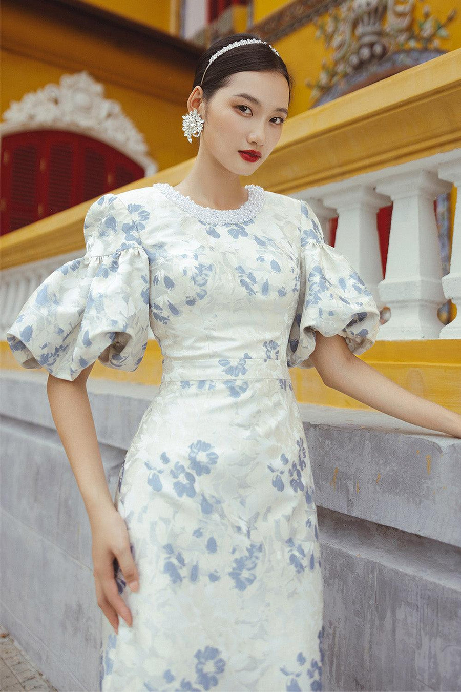 Marinette A-line Puffy Sleeved Brocade Floor Length Dress Gown Dress CHANCOS