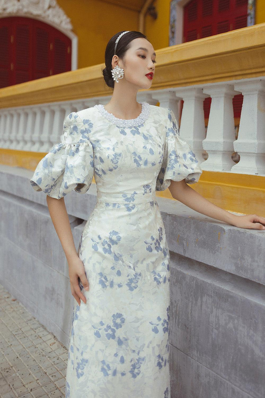 Marinette A-line Puffy Sleeved Brocade Floor Length Dress Gown Dress CHANCOS