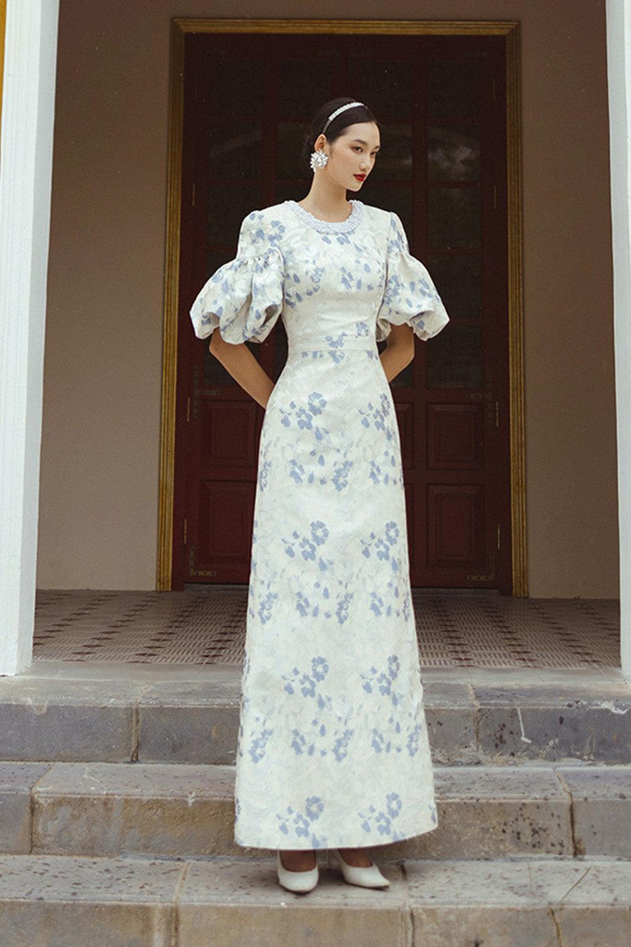 Marinette A-line Puffy Sleeved Brocade Floor Length Dress White Floral Gown Dress CHANCOS