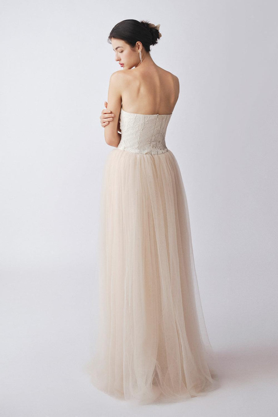 Maris Gathered Straight Across Neck Cotton Mesh Floor Length Dress 4