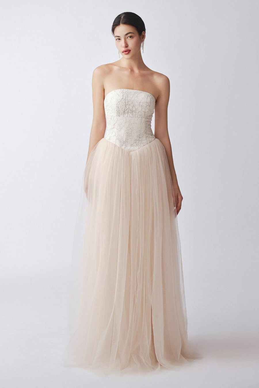 Maris Gathered Straight Across Neck Cotton Mesh Floor Length Dress 5
