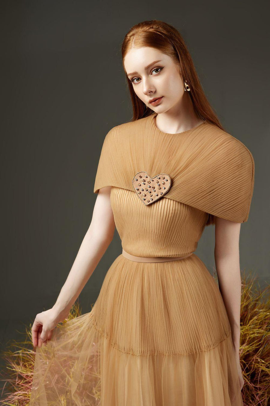 Mason Pleated Cape Sleeved Mesh Sheer Ankle Length Dress 2