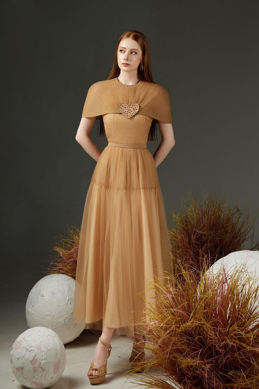 Mason Pleated Cape Sleeved Mesh Sheer Ankle Length Dress 3