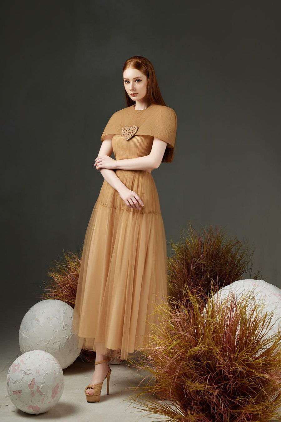 Mason Pleated Cape Sleeved Mesh Sheer Ankle Length Dress 4