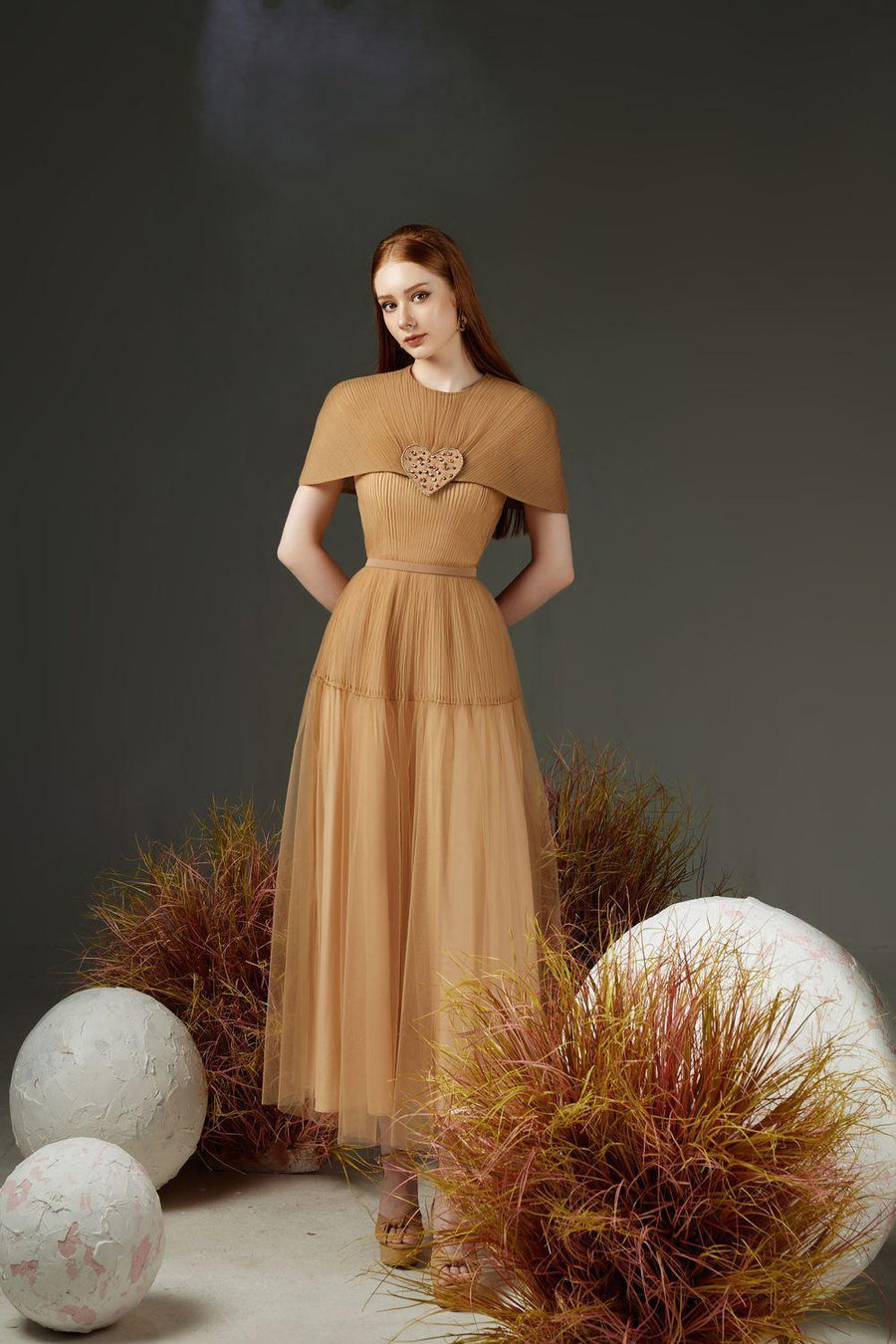 Mason Pleated Cape Sleeved Mesh Sheer Ankle Length Dress 5