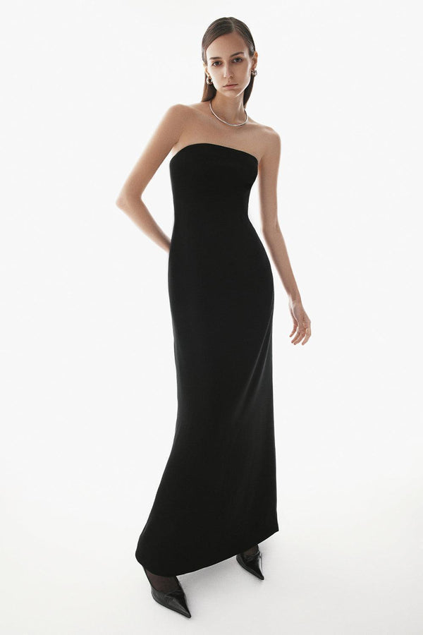 Matania Strapless Back Slit Crepe Floor Length Dress