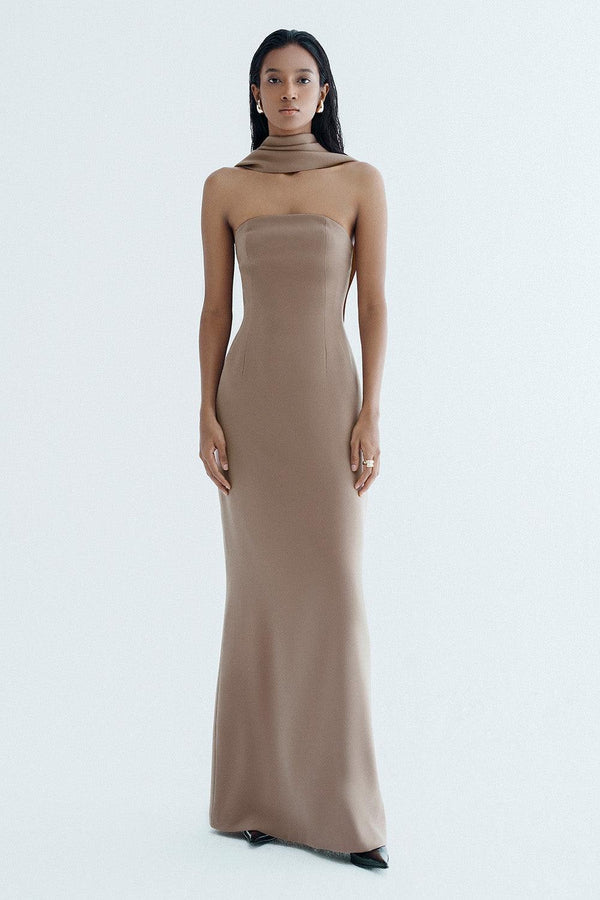 Matania Strapless Straight Across Neck Crepe Maxi Dress