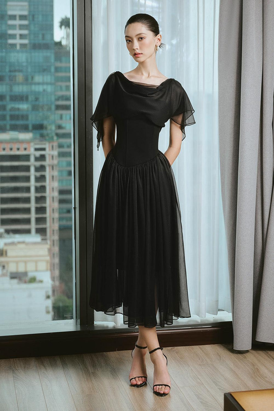 Mavolo Gathered Cowl Neck Modal Midi Dress Midi Dress Larmes