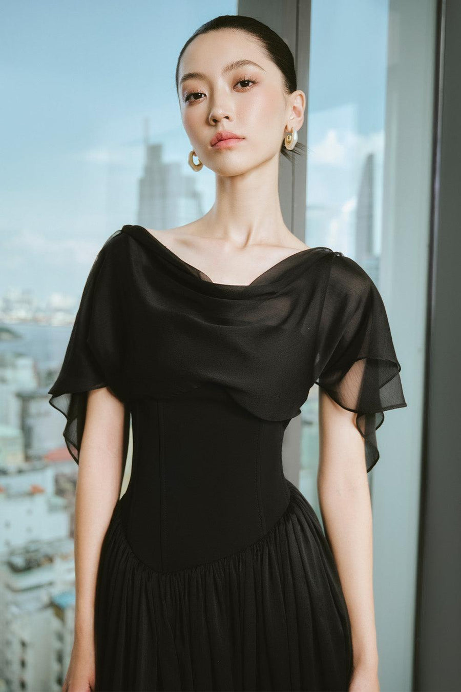 Mavolo Gathered Cowl Neck Modal Midi Dress Midi Dress Larmes