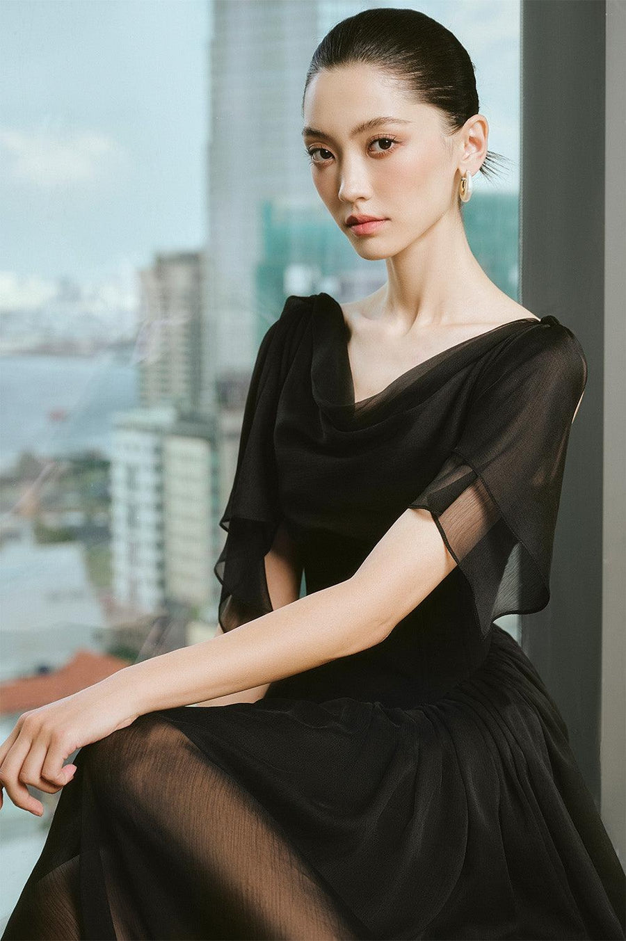 Mavolo Gathered Cowl Neck Modal Midi Dress Midi Dress Larmes