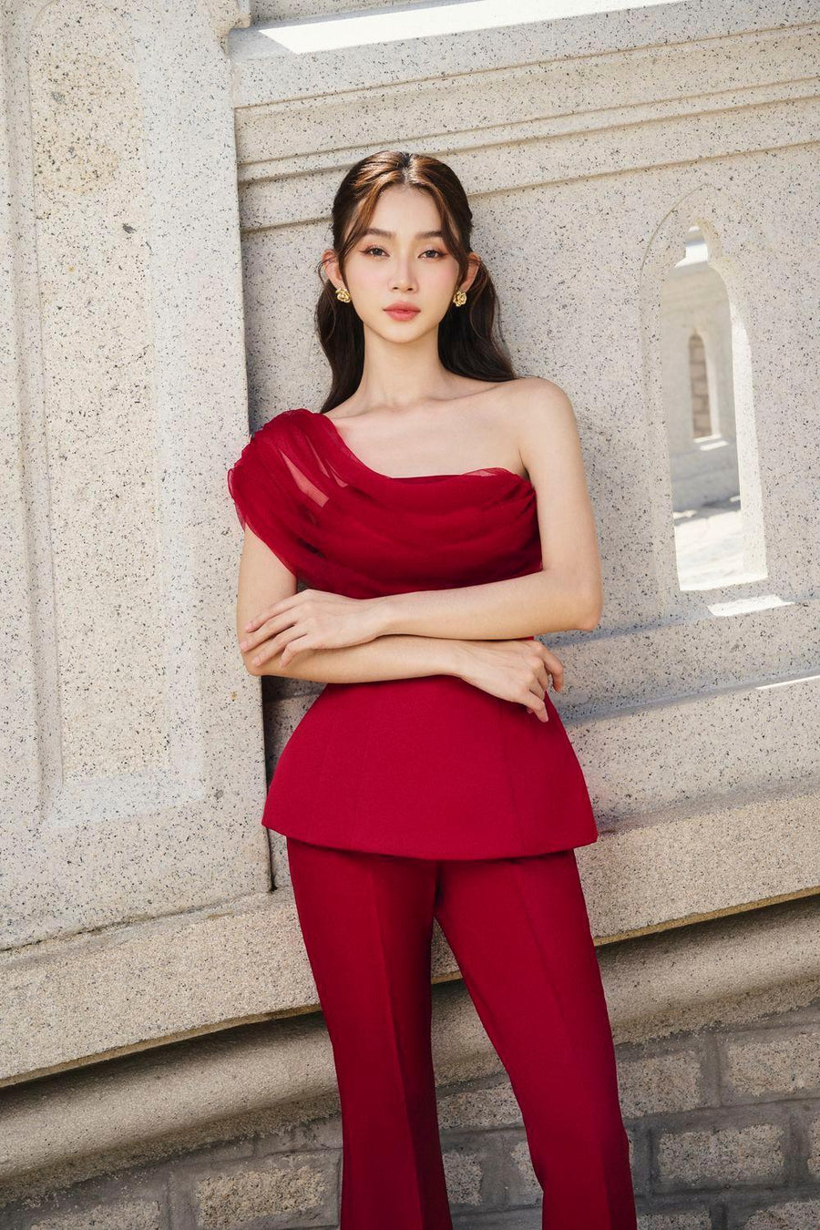 Melissa Peplum One Shoulder Silk Satin Top Shirt Larmes