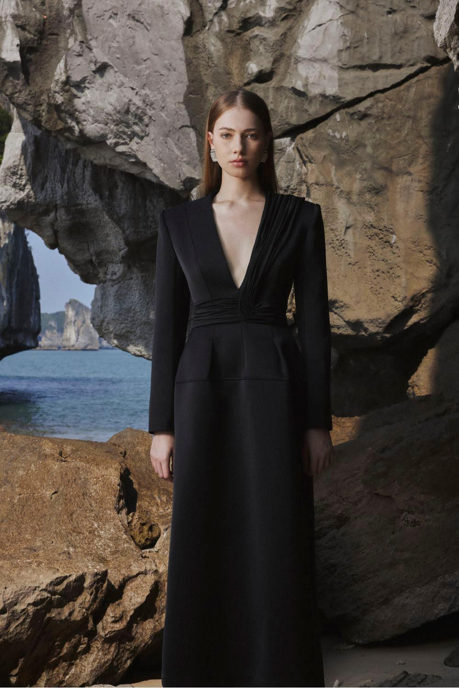 Melody A-line V-Neck Taffeta Midi Dress Black Midi Dress TRACY STUDIO