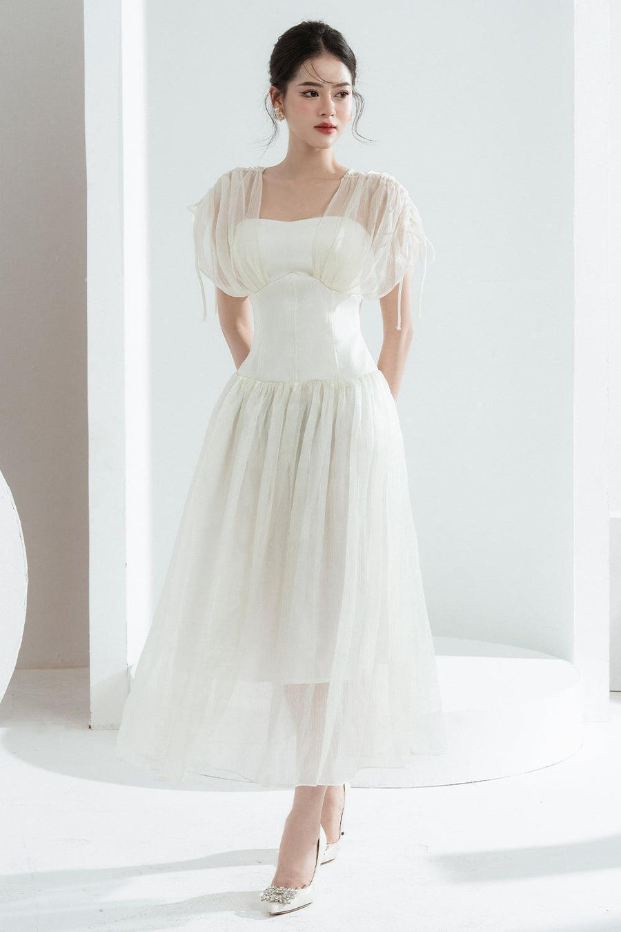 Melya A-line Corset Waist Chiffon Midi Dress Midi Dress Cordia