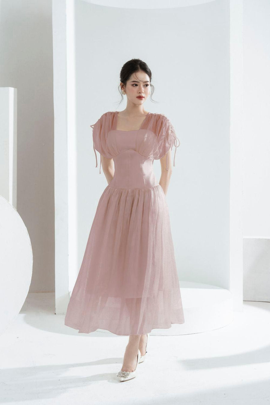 Melya A-line Corset Waist Chiffon Midi Dress Pink Midi Dress Cordia