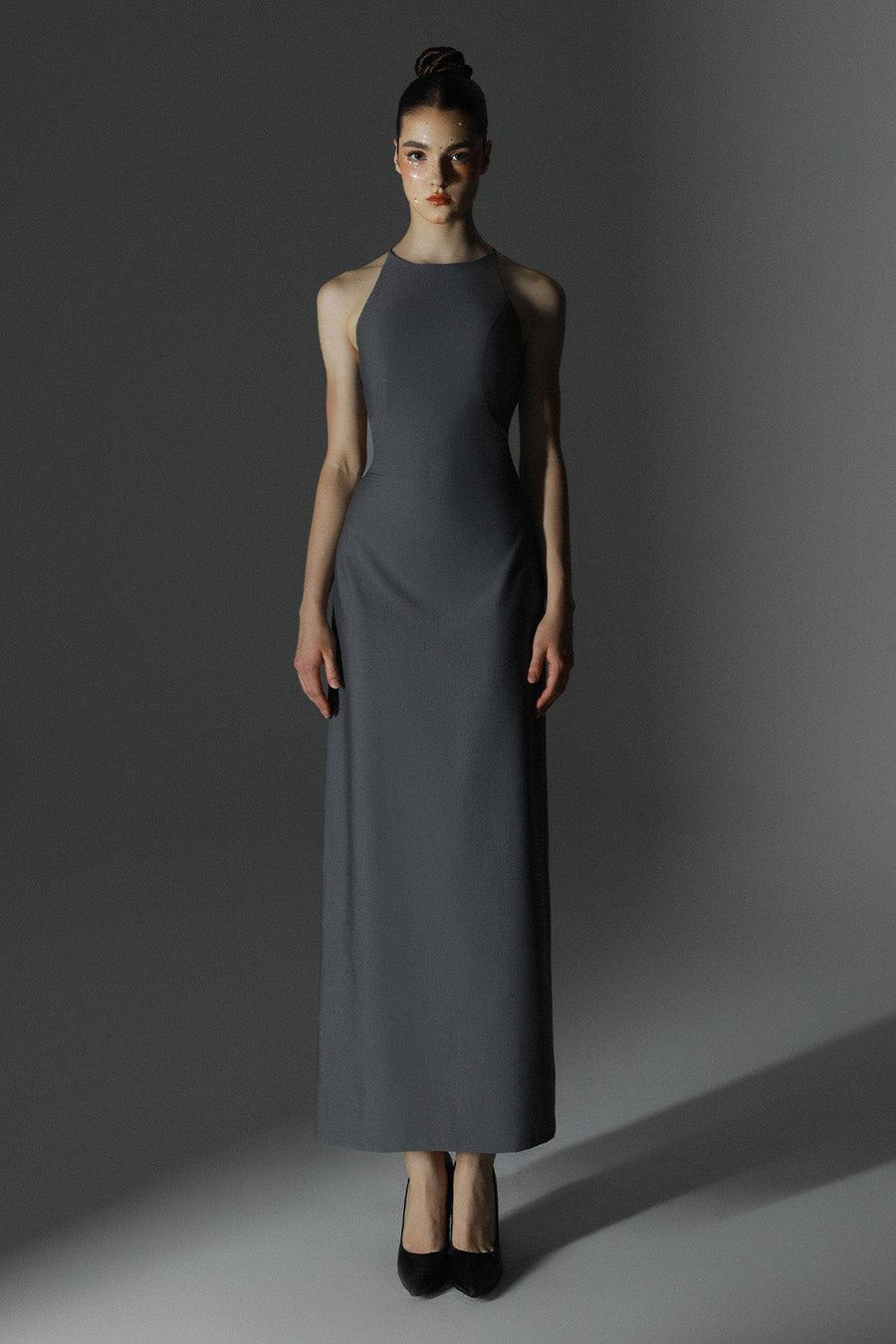 Memoir Sheath Back Slit Wool Cotton Ankle Length Dress 1