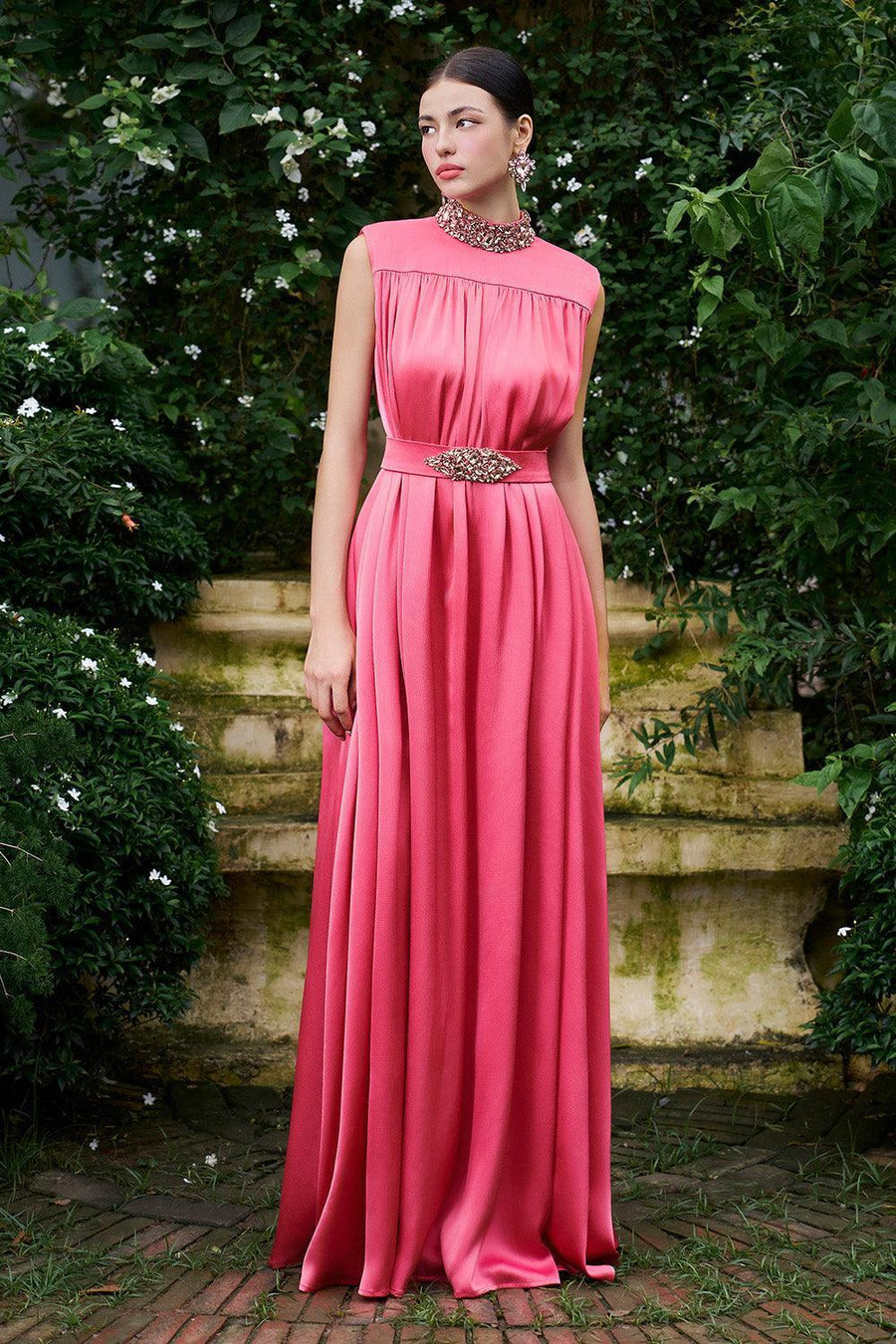 Mendoza Pleated High Neck Poly Silk Floor Length Dress Pink Gown Dress I.H.F Atelier