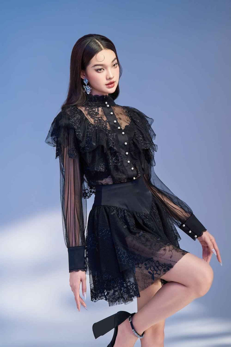 Meria Layered Cuff Sleeved Lace Mini Dress