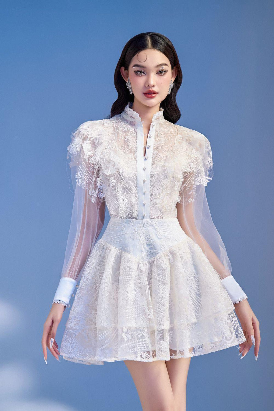 Meria Layered Cuff Sleeved Lace Mini Dress 8