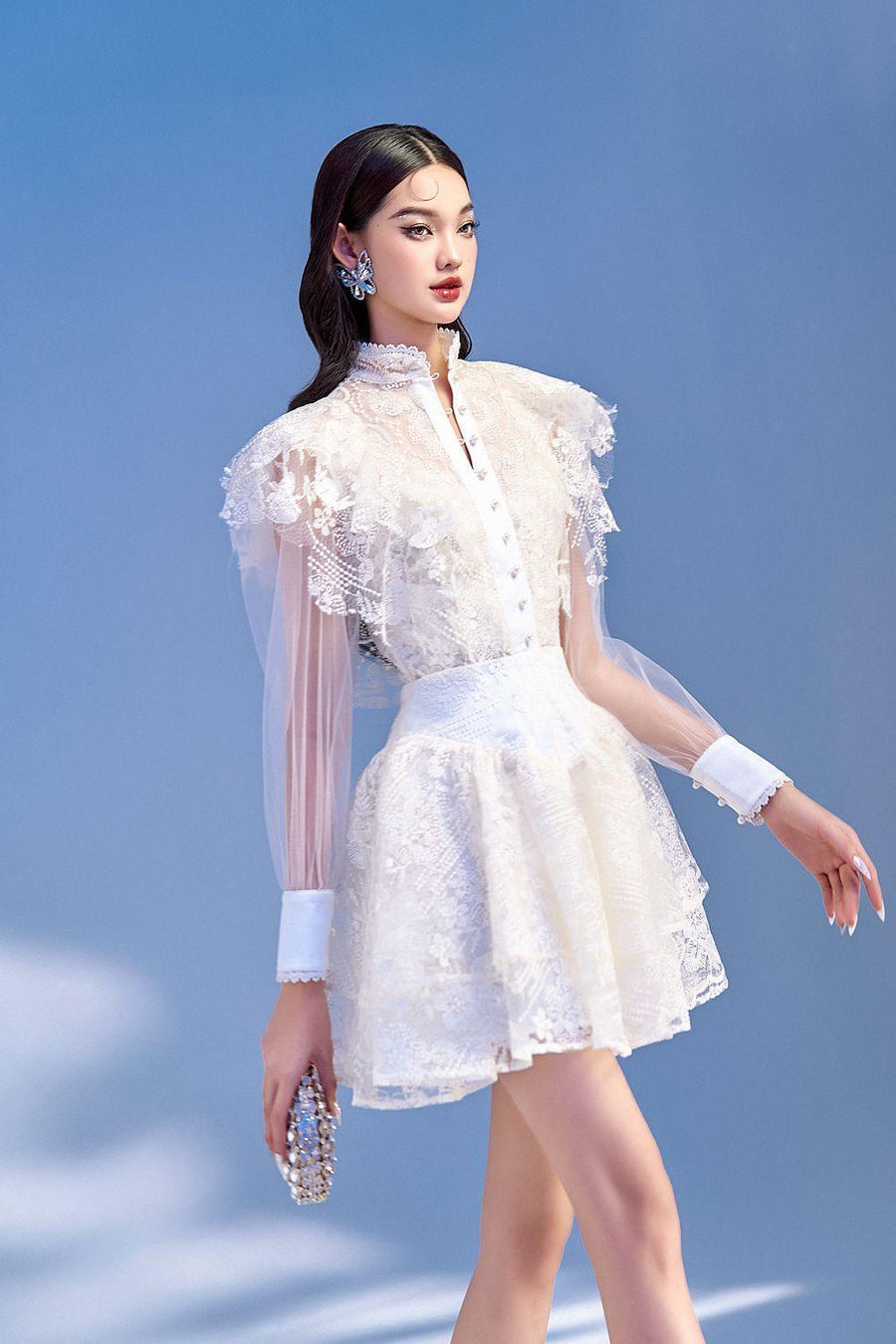 Meria Layered Cuff Sleeved Lace Mini Dress 10