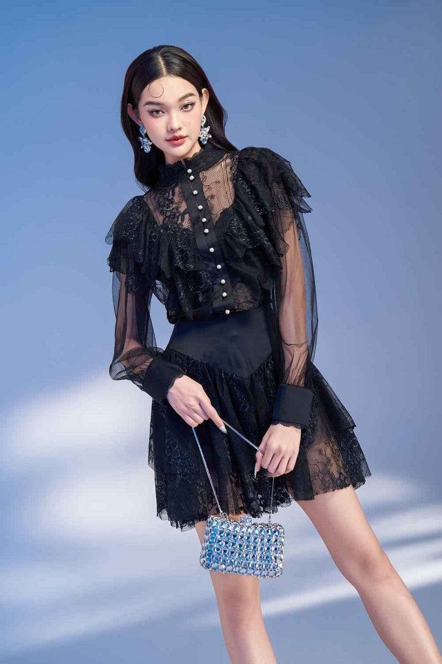 Meria Layered Cuff Sleeved Lace Mini Dress