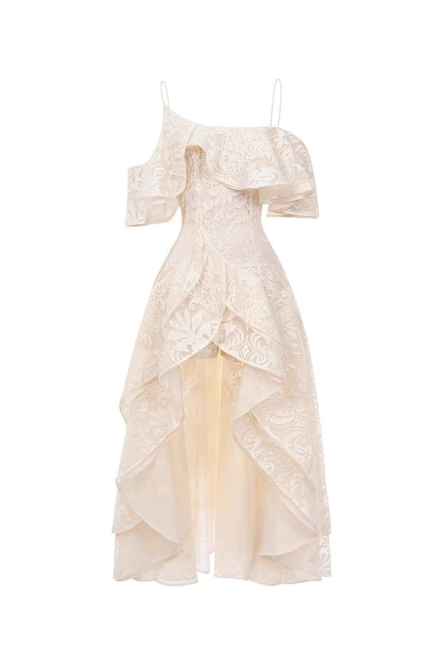 Mermaid Asymmetric Cold Shoulder Sleeved Mesh Lace Ankle Length Dress Maxi Dress FAIR LADY