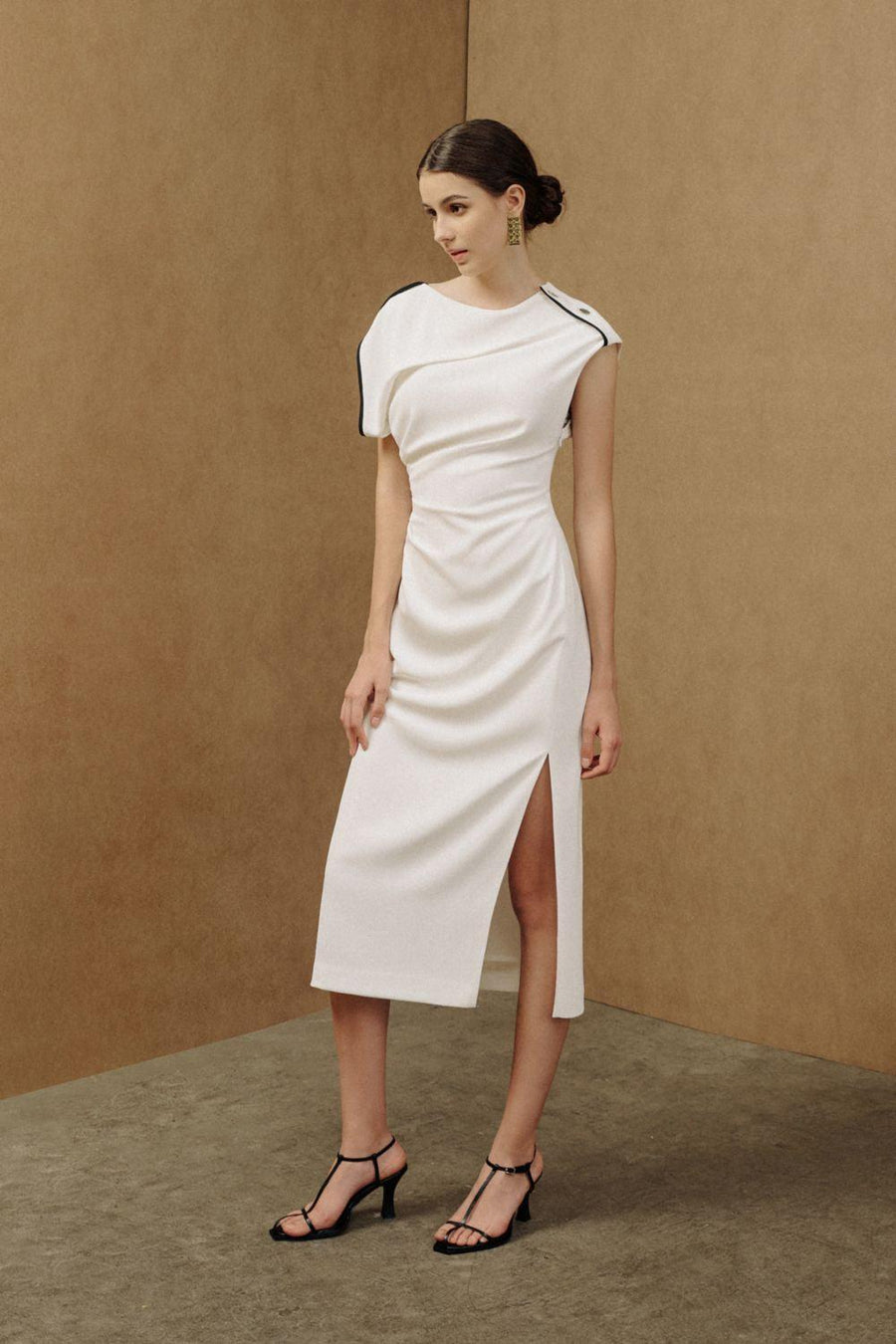 Mermaid Straight Asymmetric Sleeved Cotton Midi Dress White Midi Dress Eegen Studio