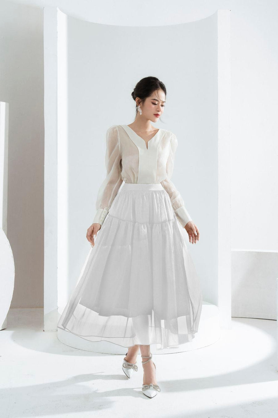 Mia Flared Gypsy Chiffon Midi Skirt White Skirt Cordia