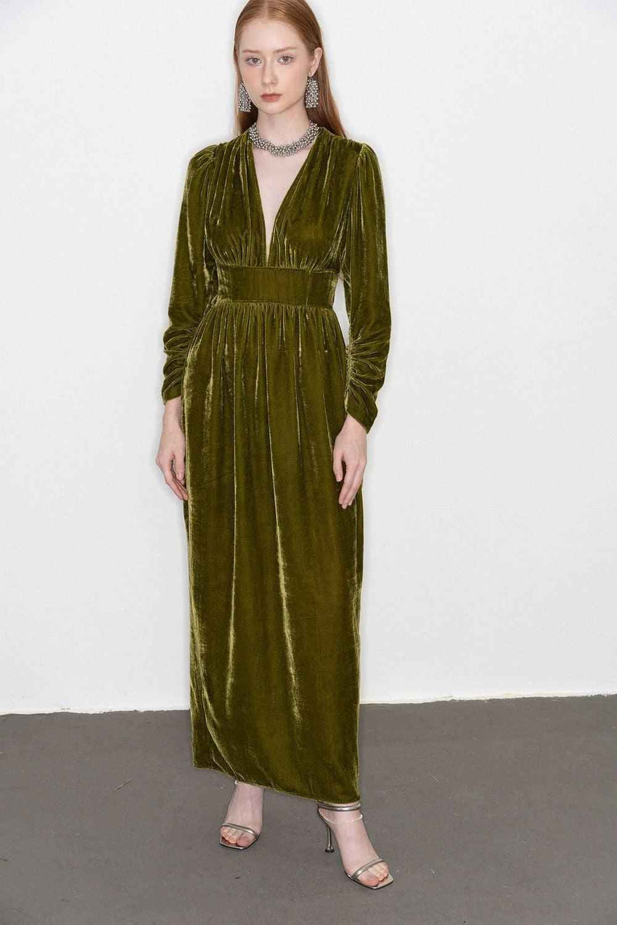 Mia Gathered V-Neck Velvet Maxi Dress
