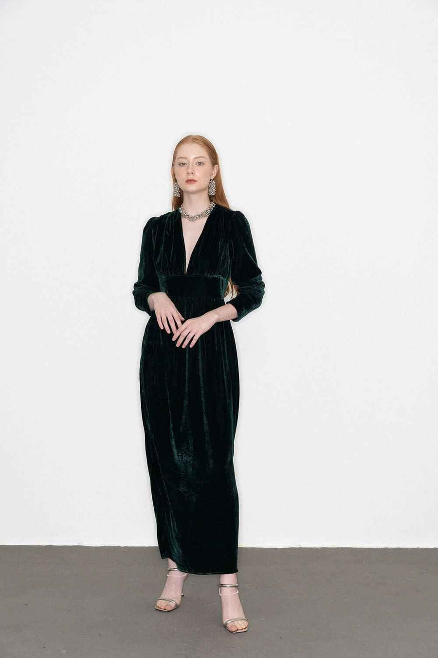 Mia Gathered V-Neck Velvet Maxi Dress