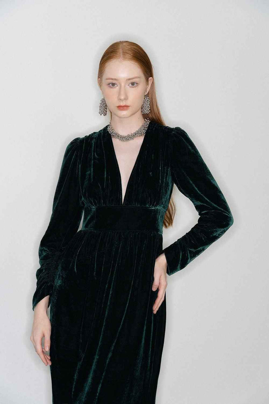 Mia Gathered V-Neck Velvet Maxi Dress