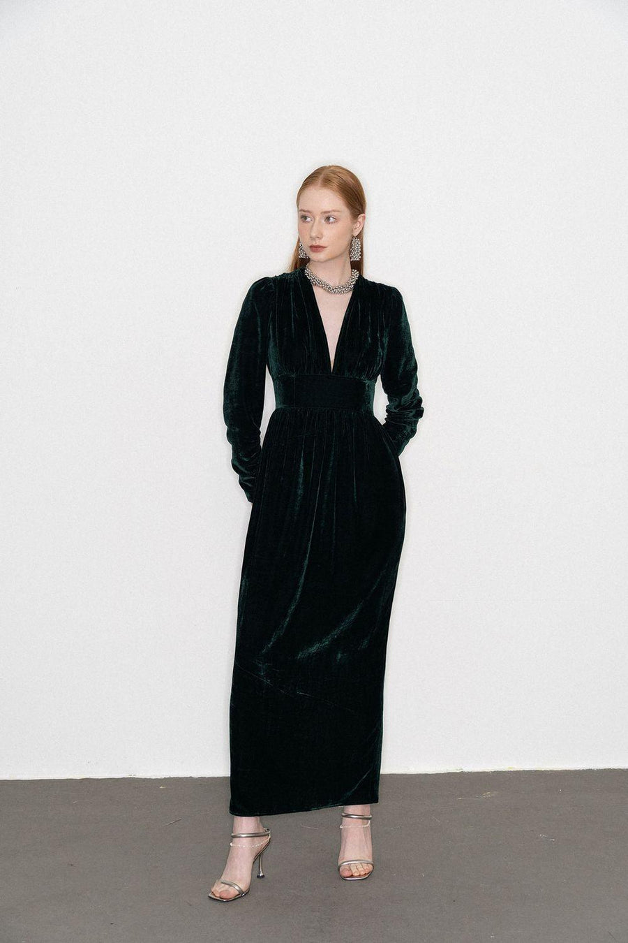 Mia Gathered V-Neck Velvet Maxi Dress 7