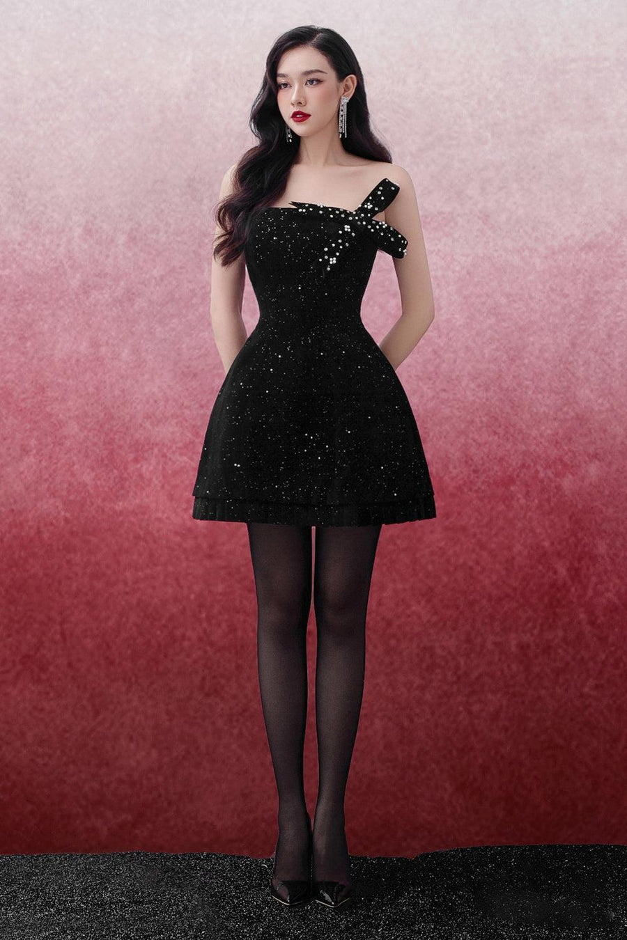 Michella A-line Straight Across Neck Velvet Mini Dress Mini Dress Delicate