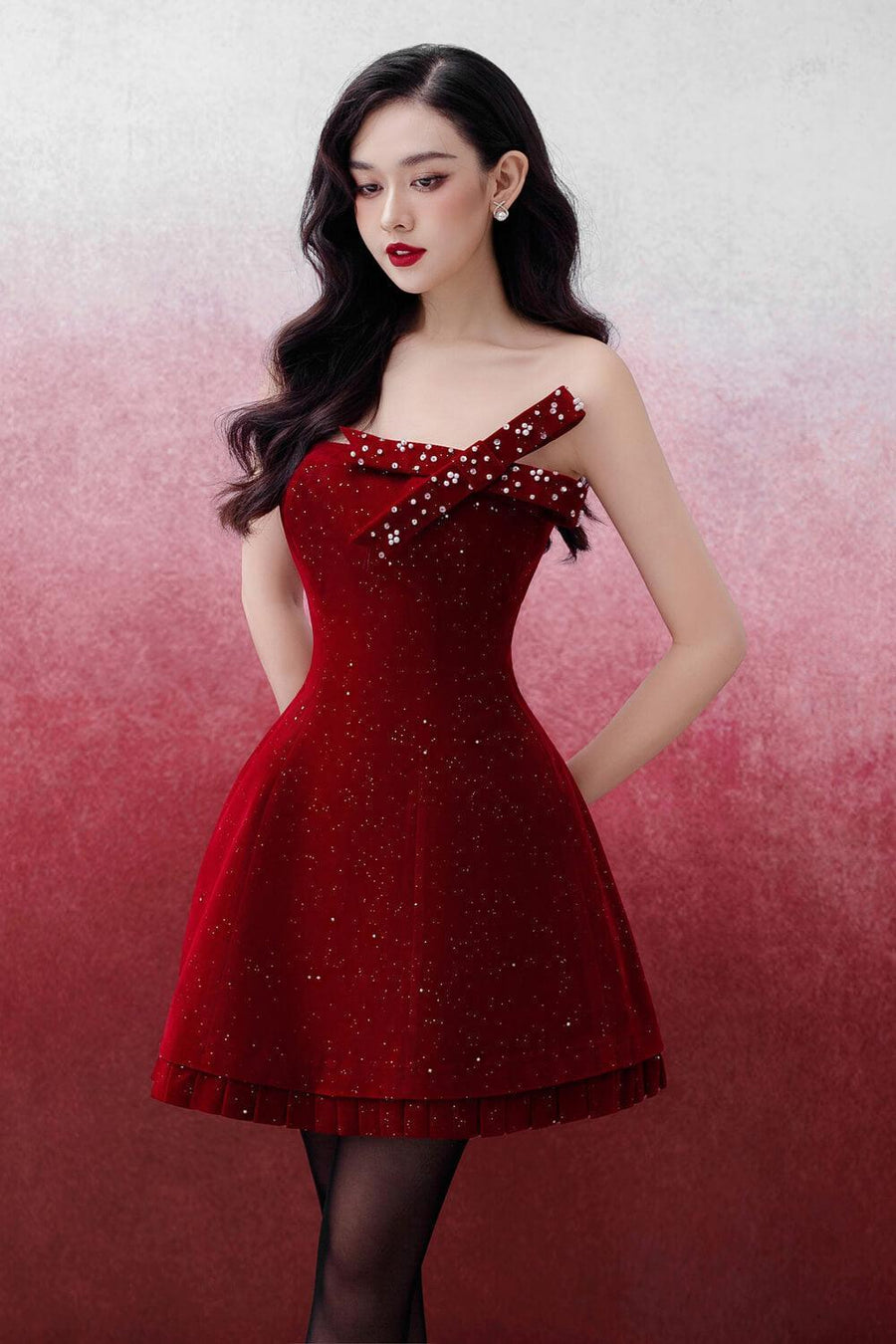 Michella A-line Straight Across Neck Velvet Mini Dress Wine Red Mini Dress Delicate