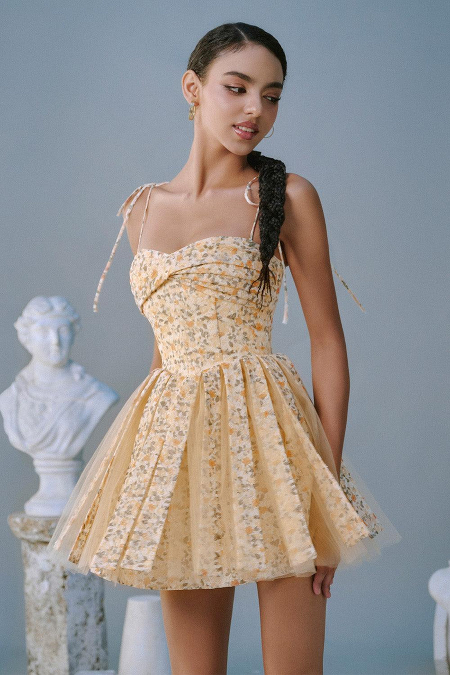 Midnight Kiss Fit and Flare Pleated Mesh Taffeta Mini Dress Light Orange Floral Mini Dress Sissy Nation