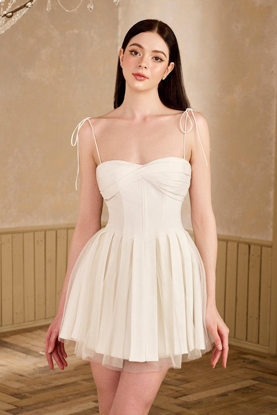 Midnight Kiss Fit and Flare Pleated Mesh Taffeta Mini Dress White Plain Mini Dress Sissy Nation