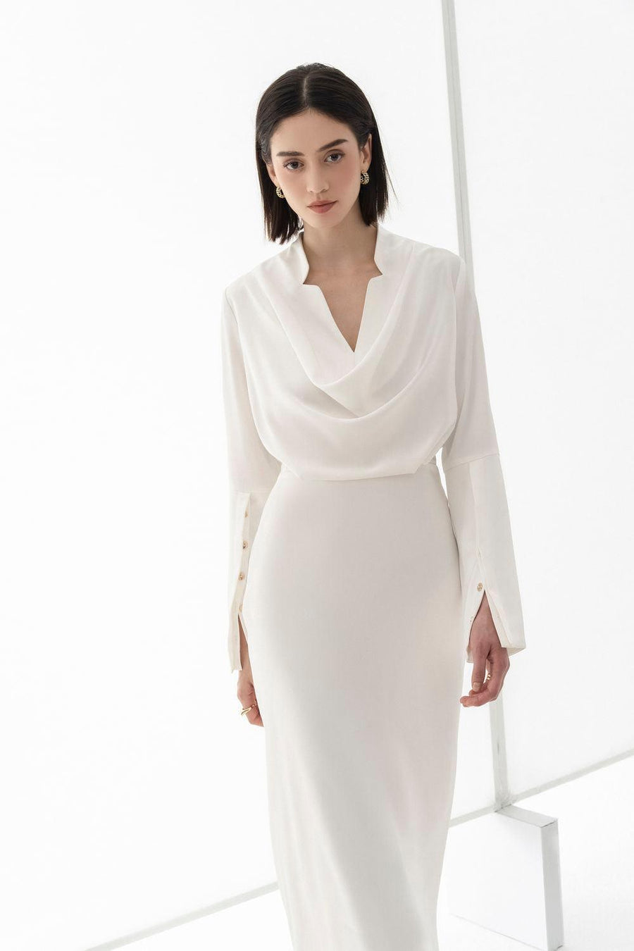 Mila A-line V-Neck Silk Midi Dress Midi Dress Eegen Studio