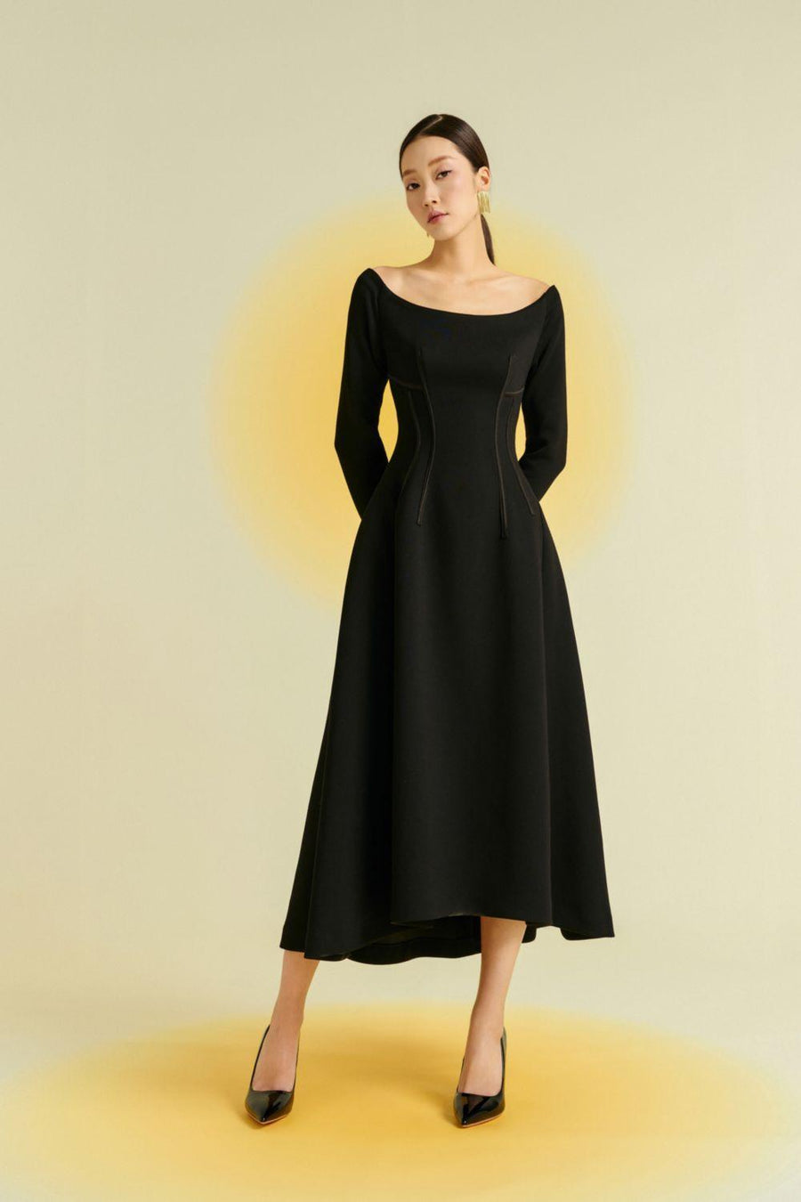 Mimosa A-line Off-Shoulder Cotton Blend High-low Dress Black Midi Dress Eegen Studio