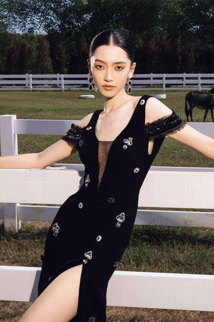 Mindy Slit Cold Shoulder Sleeved Cotton Silk Floor Length Dress