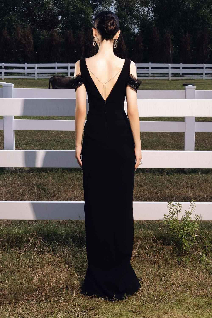 Mindy Slit Cold Shoulder Sleeved Cotton Silk Floor Length Dress